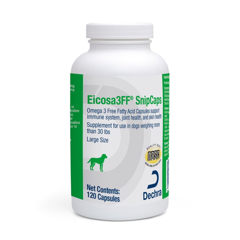 Dechra Eicosa3FF SnipCaps bottle showing easy-to-administer packaging for dogs
