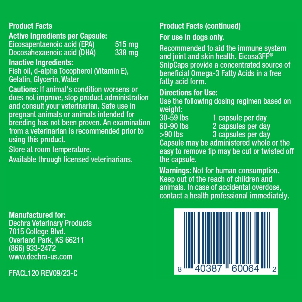 Dechra Eicosa3FF SnipCaps capsules ready for canine supplementation
