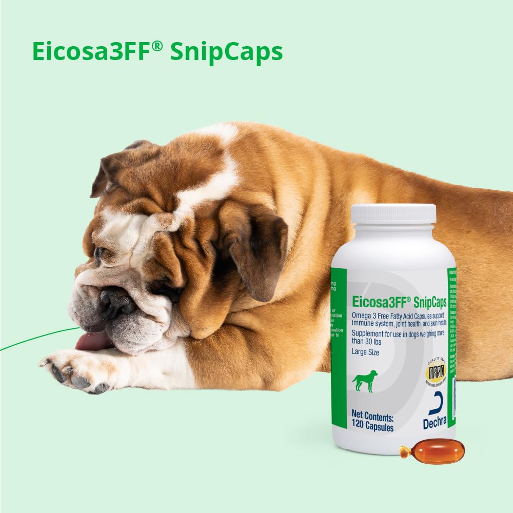 Dechra Eicosa3FF SnipCaps packaging emphasizing a large 120-count supply