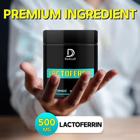Closeup of DEDICAD lactoferrin capsules highlighting a two-pill daily regimen.