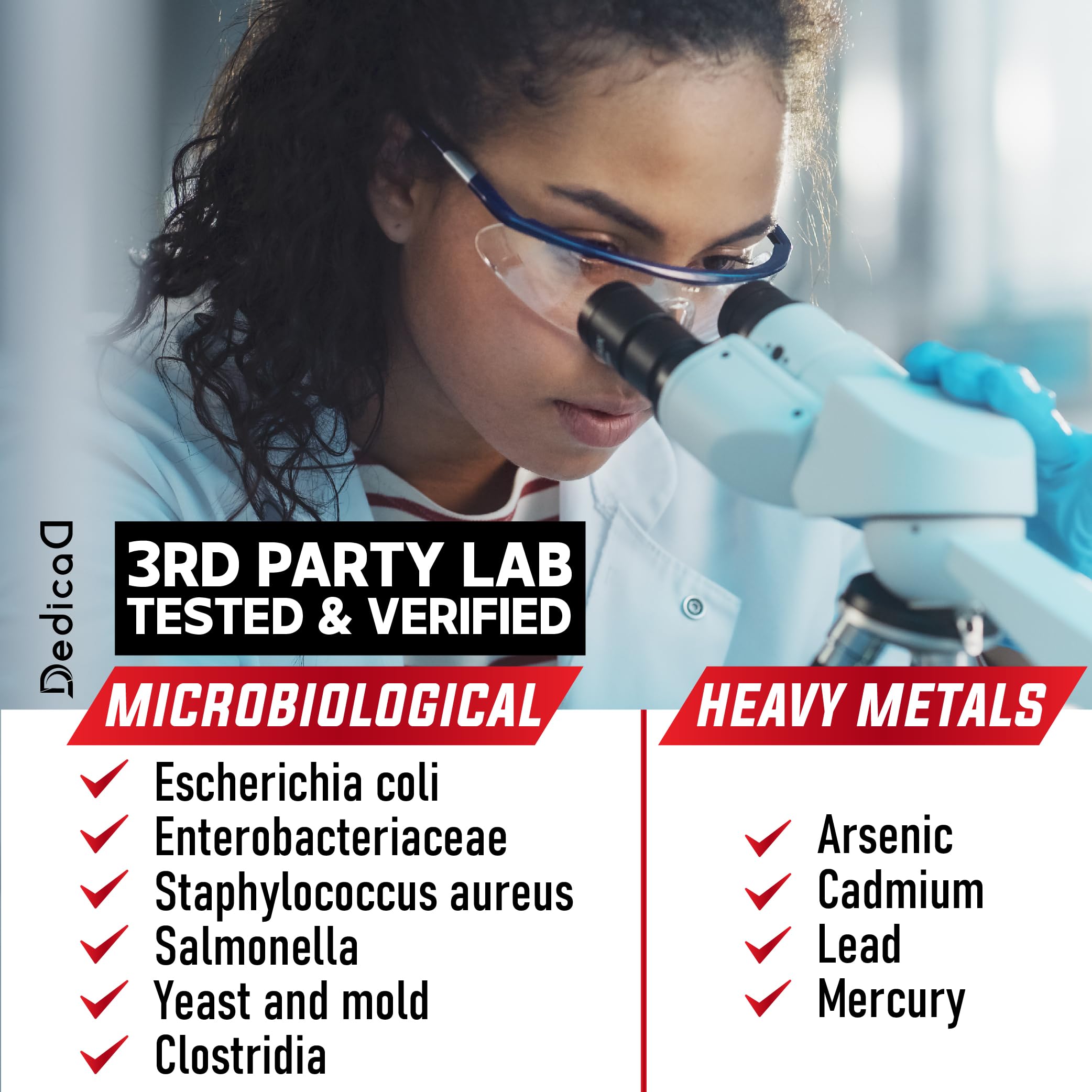 DEDICAD third-party testing badge on product box.