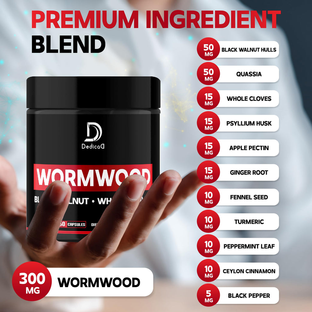 DEDICAD Wormwood capsules bottle side view with label details