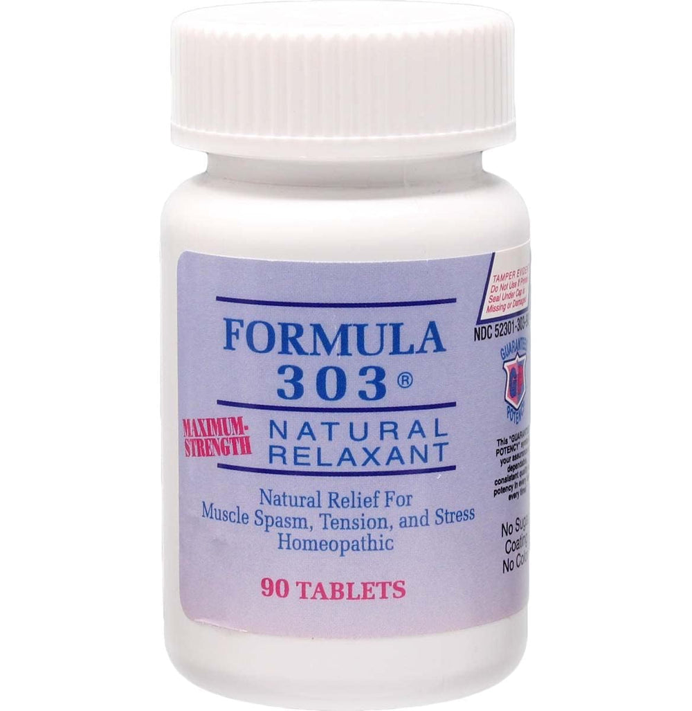 Dee Cee Laboratories Formula 303 bottle highlighting natural relaxation support for tense muscles.