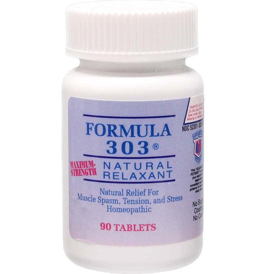Dee Cee Laboratories Formula 303 bottle highlighting natural relaxation support for tense muscles.