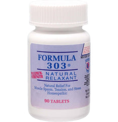 Dee Cee Laboratories Formula 303 bottle highlighting natural relaxation support for tense muscles.