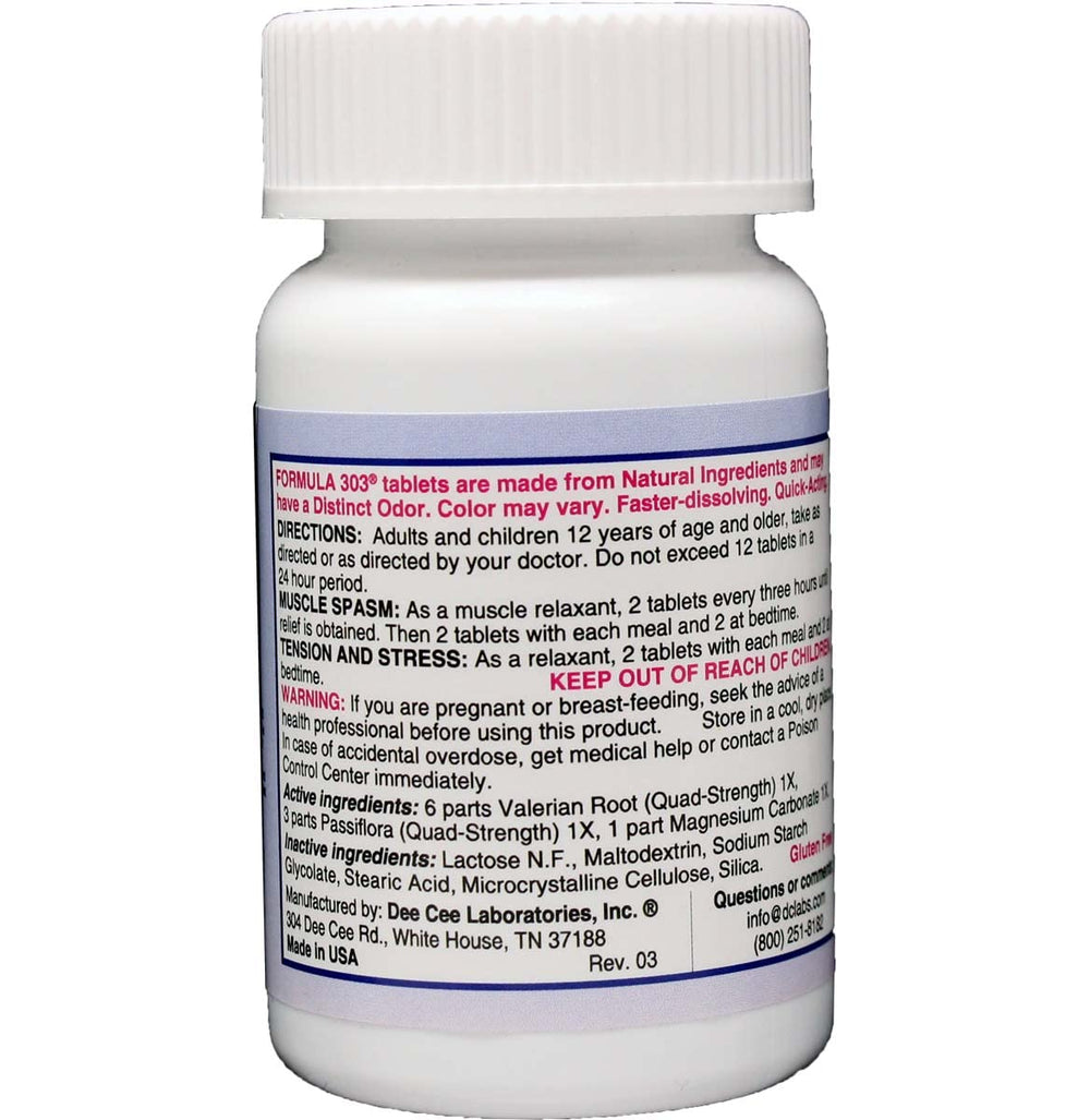 Dee Cee Laboratories Formula 303 tablets close-up highlighting an easy-to-swallow blend for calm relief.