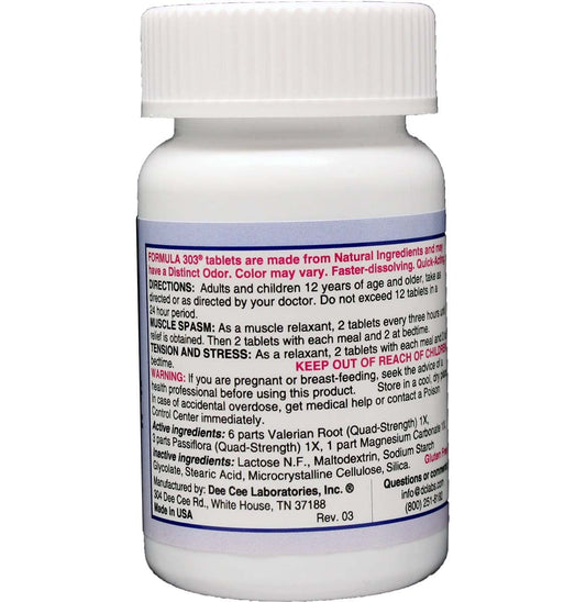 Dee Cee Laboratories Formula 303 tablets close-up highlighting an easy-to-swallow blend for calm relief.