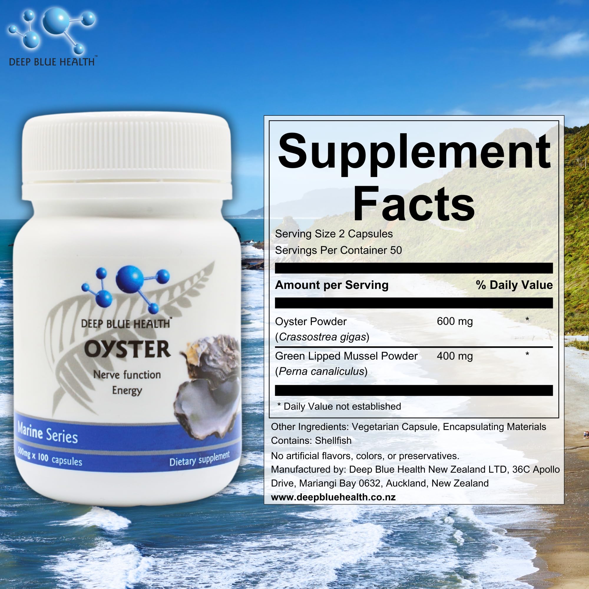 Deep Blue Health bottle front label featuring oyster extract and mussel blend.