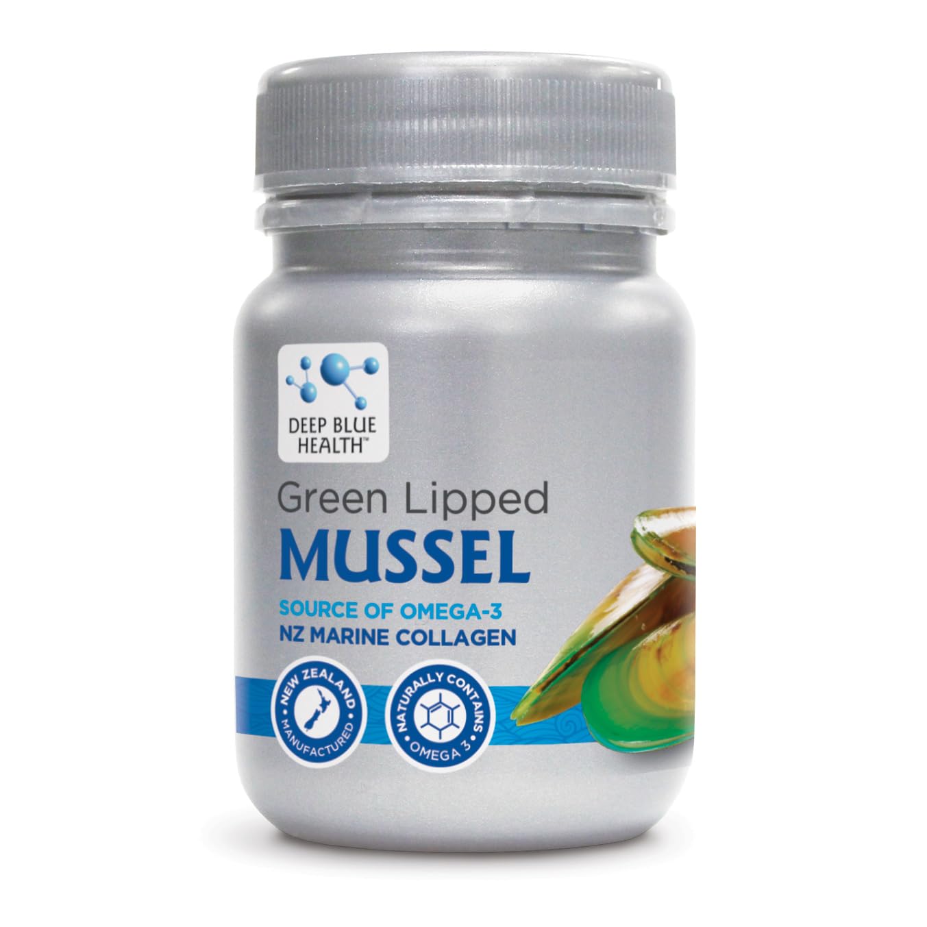 Deep Blue Health Green Lipped Mussel bottle cap close-up for joint support.