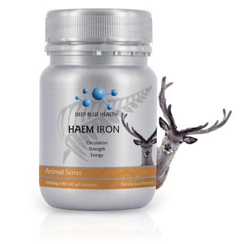 Deep Blue Health Haem Iron bottle with deer blood capsules supporting energy.