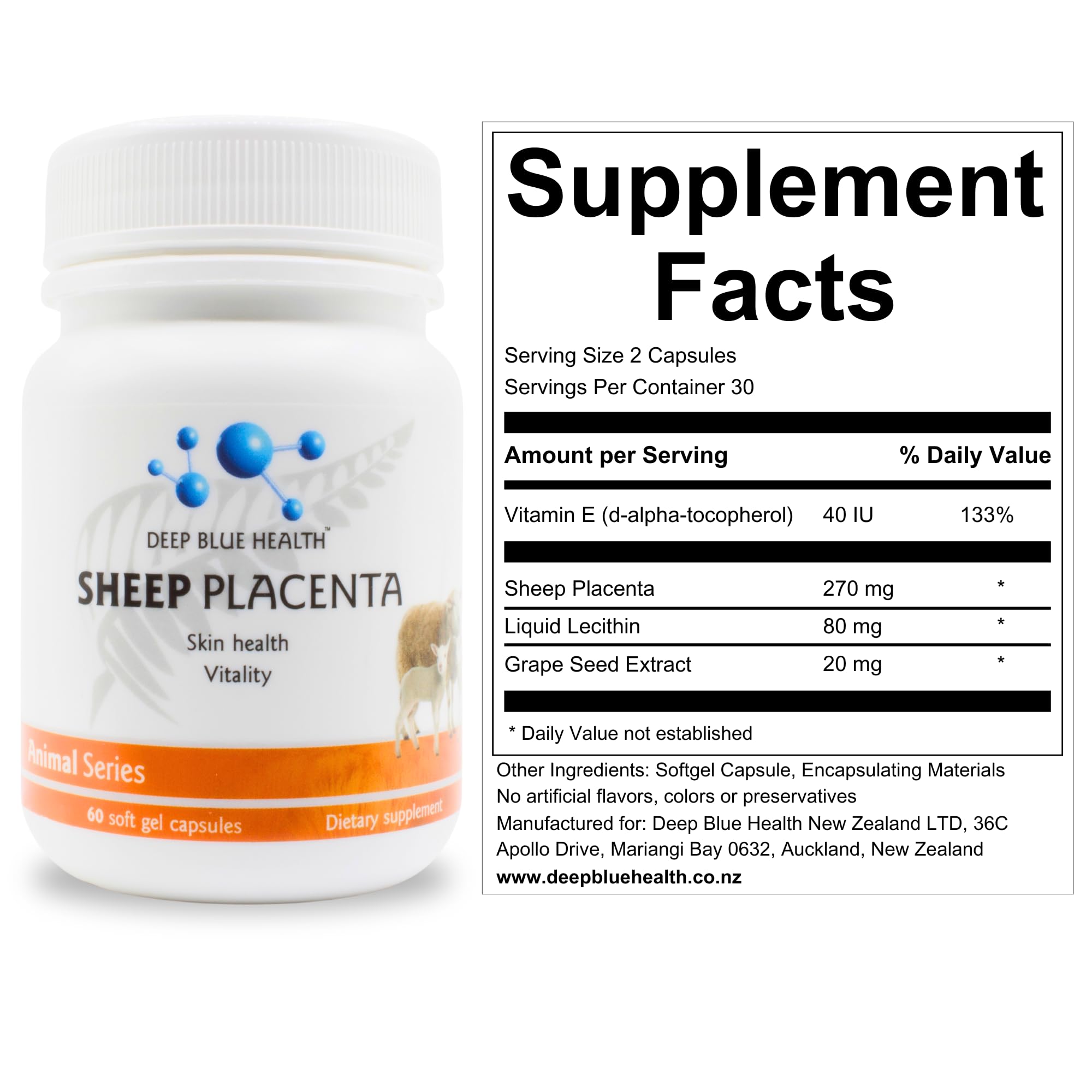 Deep Blue Health Sheep Placenta bottle front with 60 capsules