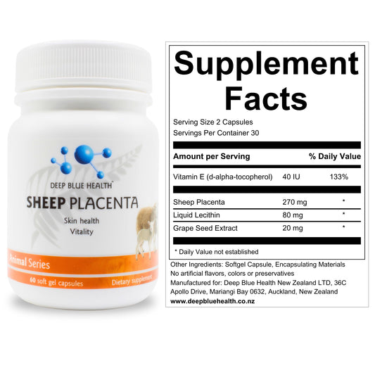 Deep Blue Health Sheep Placenta bottle front with 60 capsules