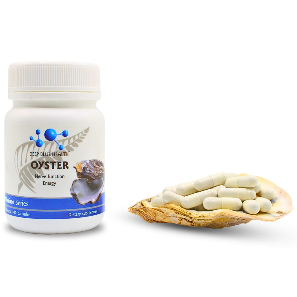 Deep Blue Health zinc-rich oyster capsule highlighting immune support and energy potential.
