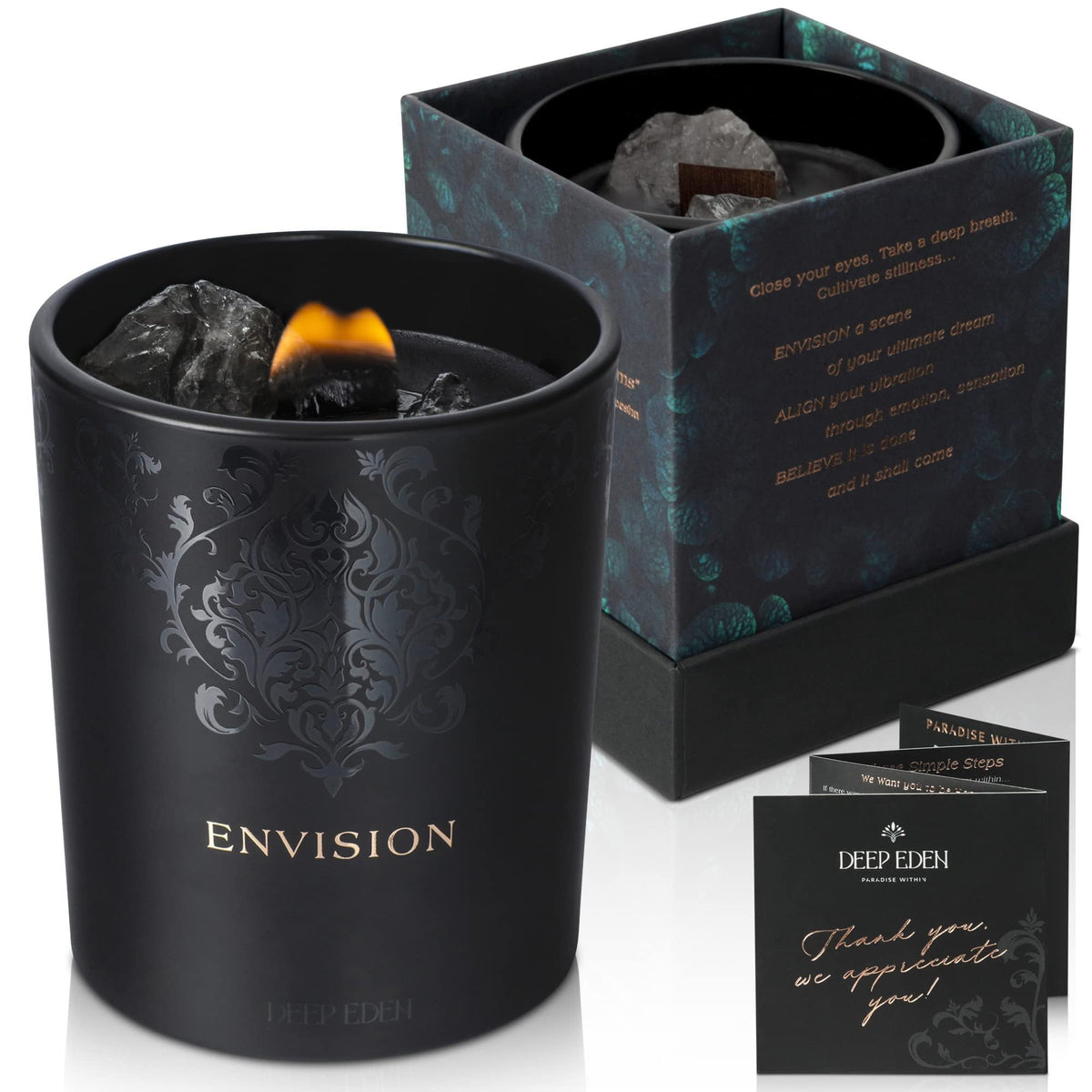 Deep Eden Black Orchid & Pine Moss candle with wood wick and crystals for calming ambiance.