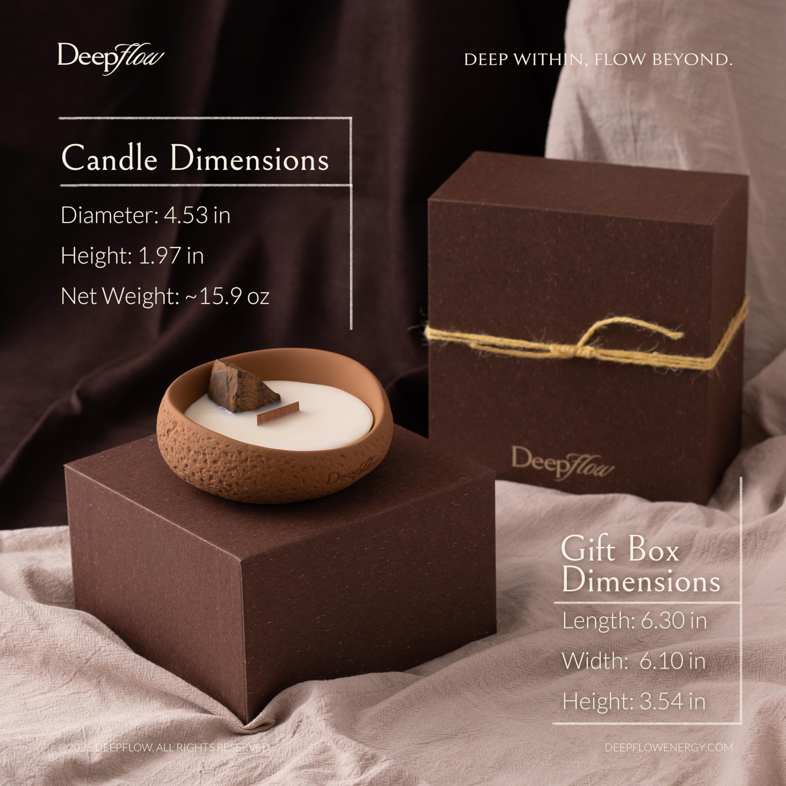 Tiger’s Eye crystal detail on the DEEP FLOW candle evokes confidence.