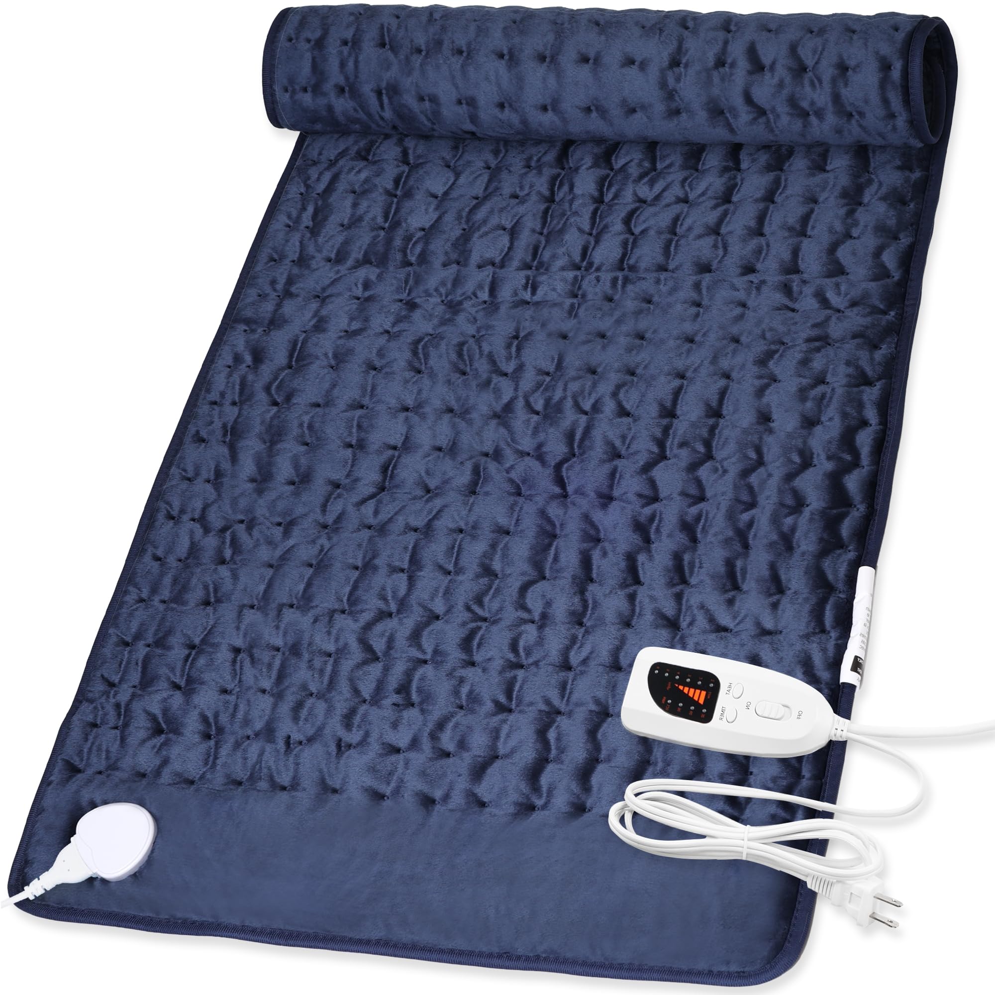 Deepsoon heating pad navy blue main shot shows large 40x20 inch coverage for full-body warmth.