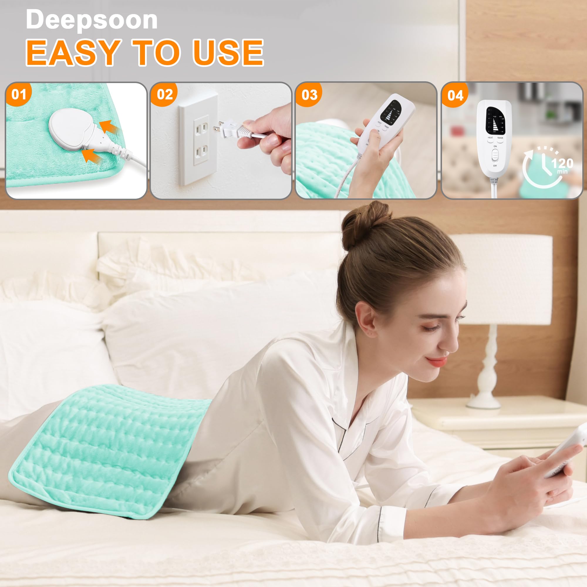 Deepsoon heating pad applied on back and shoulders for soothing comfort.