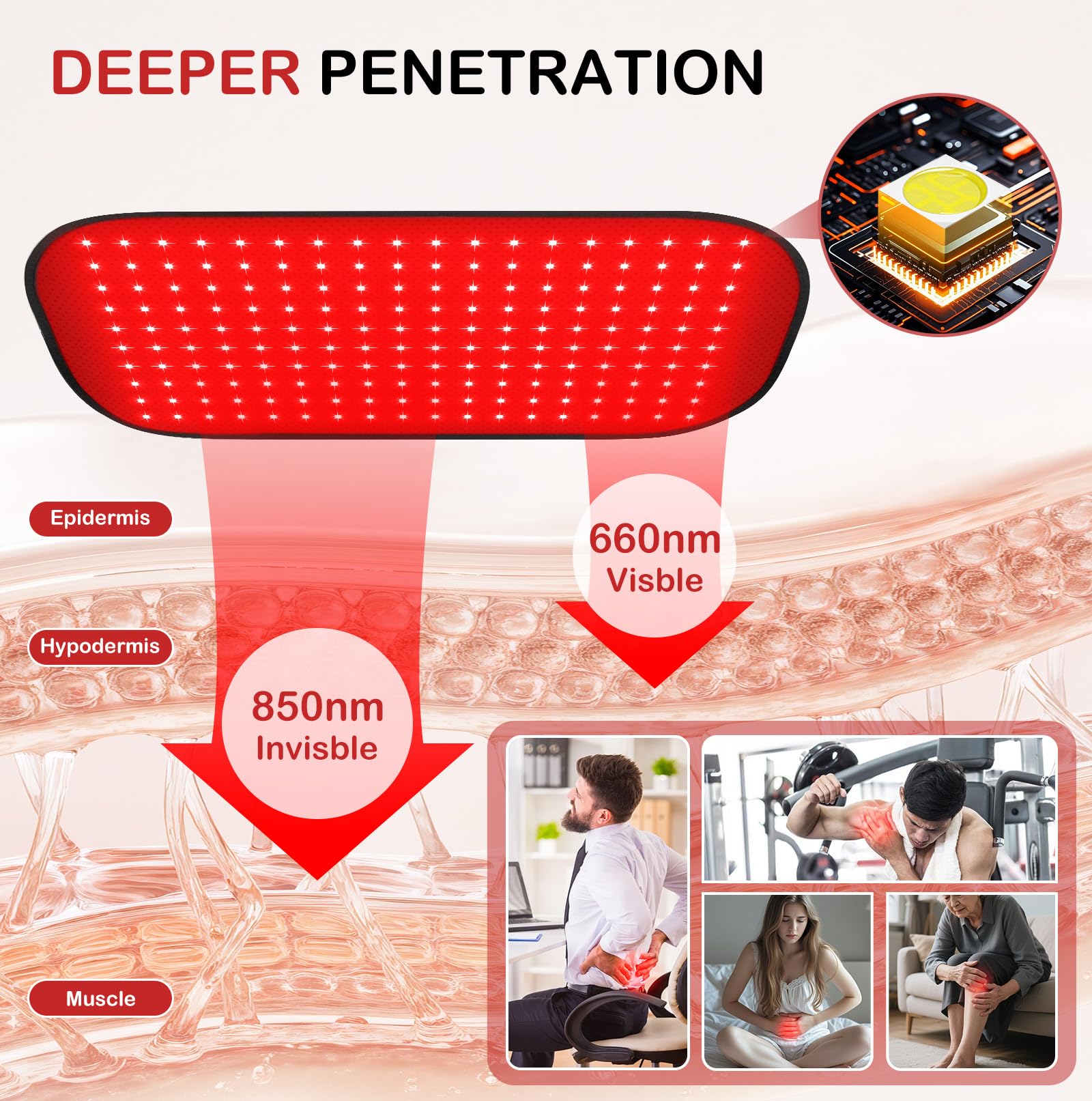 Deerbaba red-light therapy body pad across thighs for gentle deep tissue support.