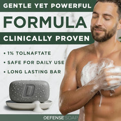 Defense Antifungal Bar label closeup highlights tolnaftate content for antifungal strength
