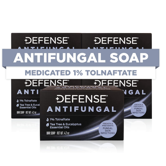 Defense Antifungal Bar Pack Closeup shows a five-bar kit for locker-room skin care