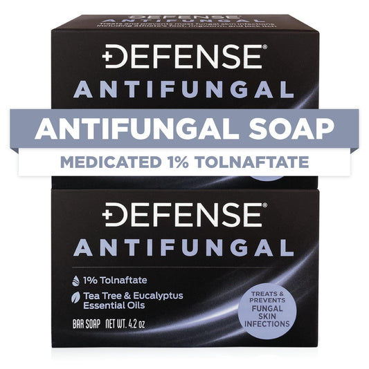 Defense Antifungal Bar Soap pack label close-up highlights tolnaftate for potential protection.