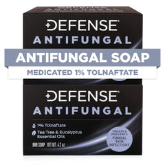 Defense Antifungal Bar Soap pack label close-up highlights tolnaftate for potential protection.