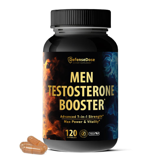 Defense Dose bottle label highlighting the men's health formula for energy
