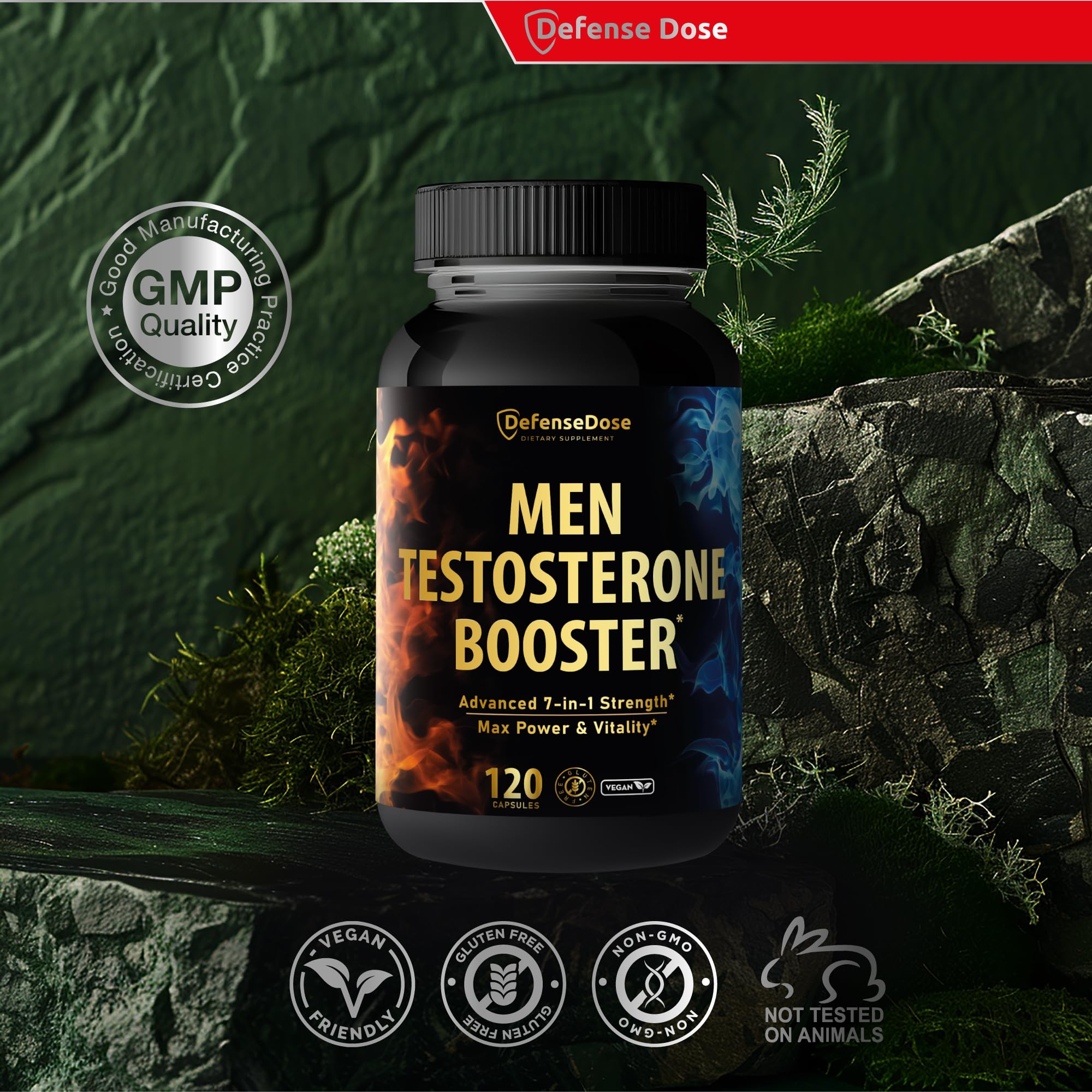 Defense Dose vegan, gluten-free, non-GMO badge signals clean formula