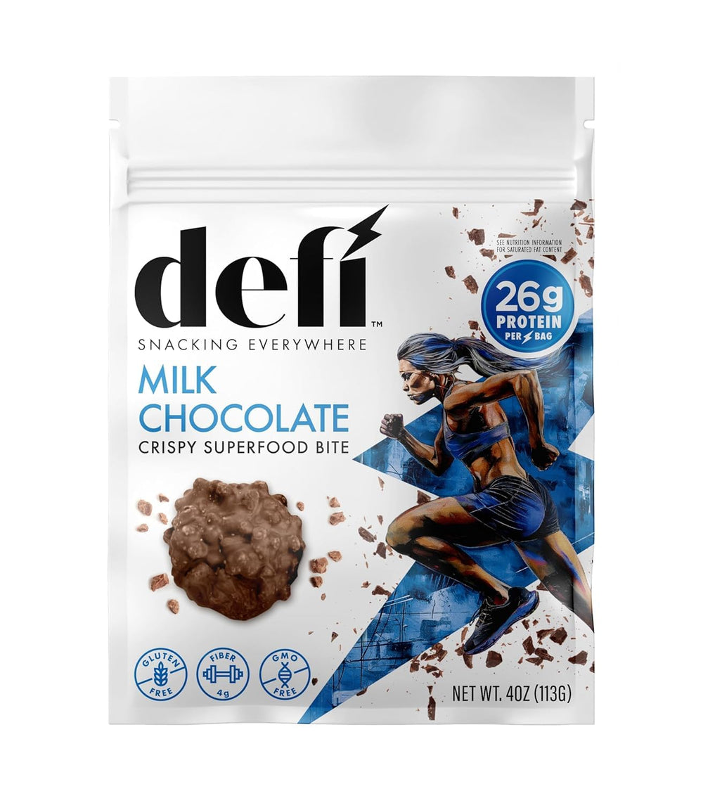 DEFI Milk Chocolate Crispy Superfood Bites, on-the-go protein snack for active lifestyles.