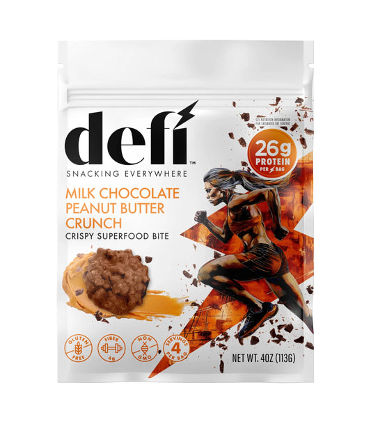 DEFI Milk Chocolate Peanut Butter Crunch bites in a bag — high-protein on-the-go snack