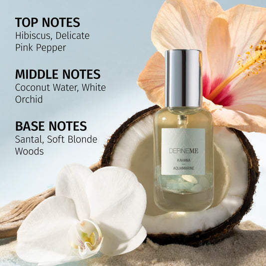 DefineMe Kahana crystal-infused bottle highlights Aquamarine crystals for harmony