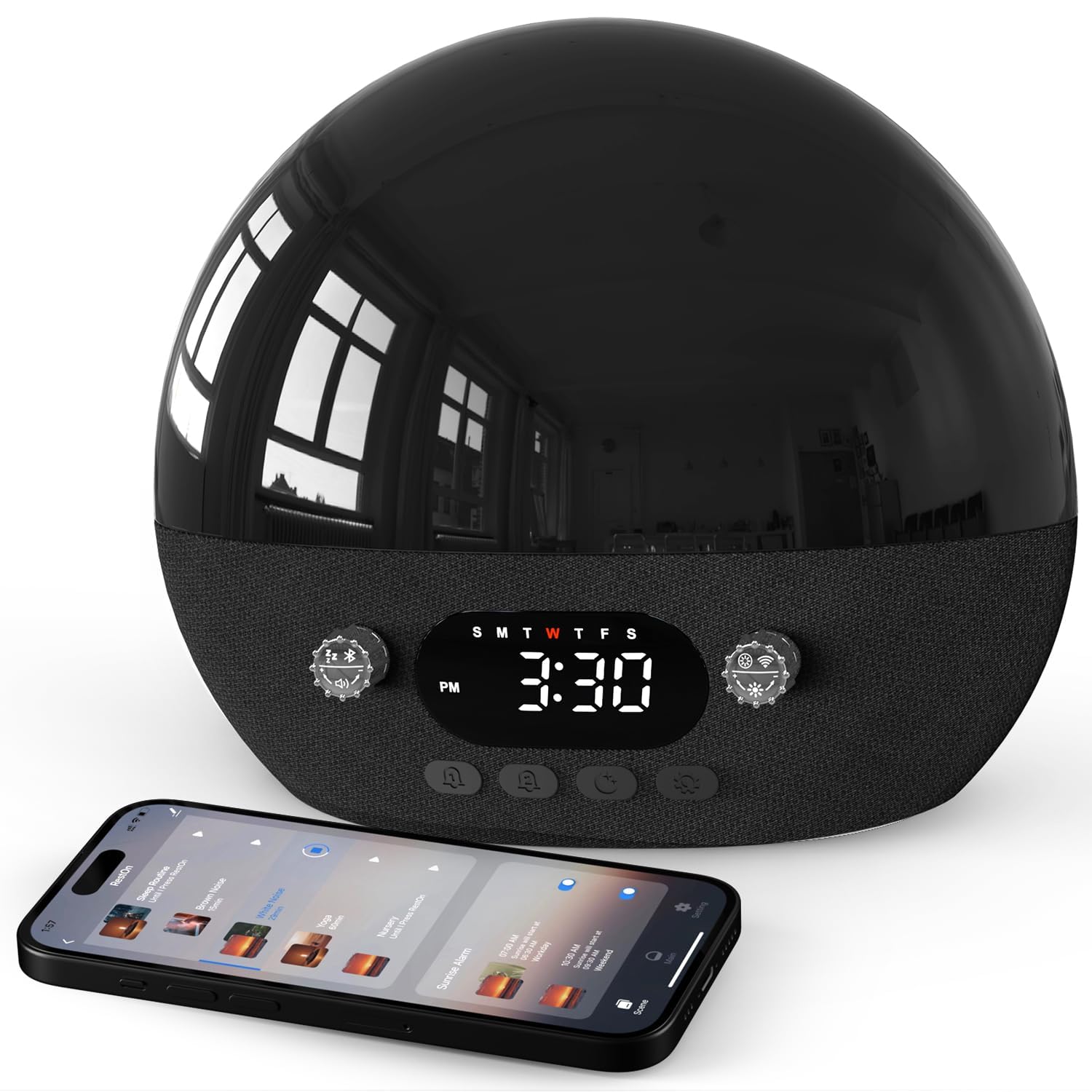 Dekala RestOnn sunrise alarm clock front view with a warm glow for a gentle wake.