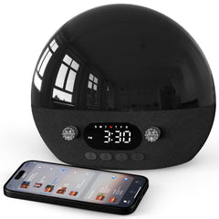Dekala RestOnn sunrise alarm clock front view with a warm glow for a gentle wake.