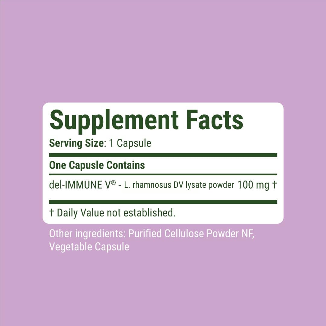 Del-Immune V Defense capsules highlight metabiotic therapy for gut and immune balance.