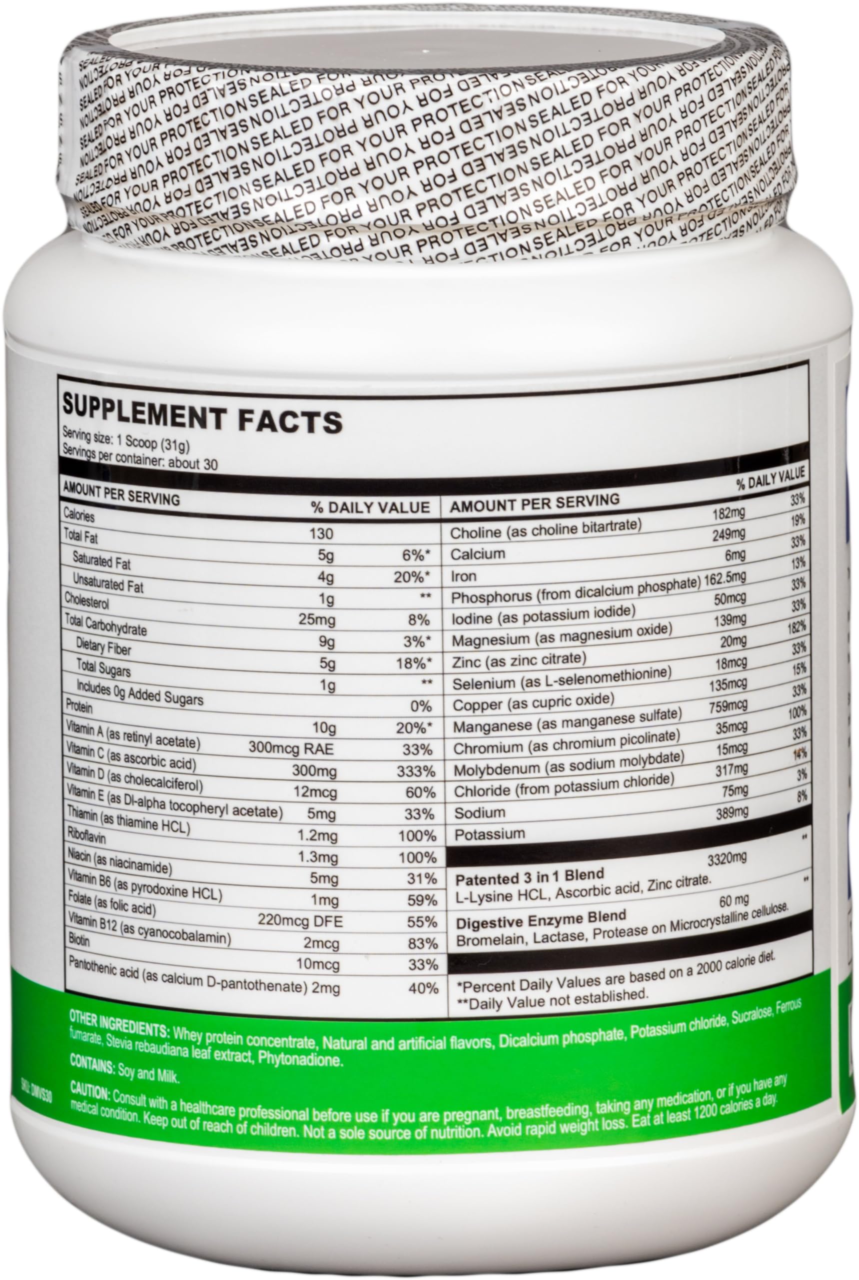 Del Mar Health Enable nutrition label close-up highlighting vitamins and protein.