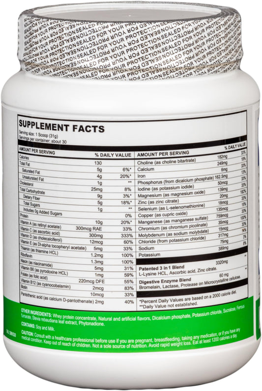 Del Mar Health Enable nutrition label close-up highlighting vitamins and protein.