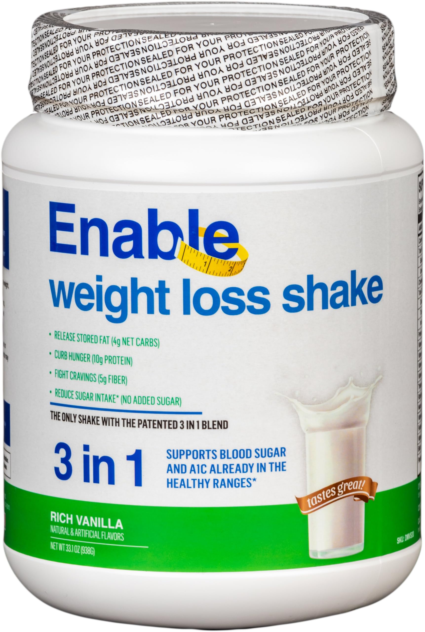 Del Mar Health Enable Vanilla Shake bottle shows creamy texture for a satisfying meal.