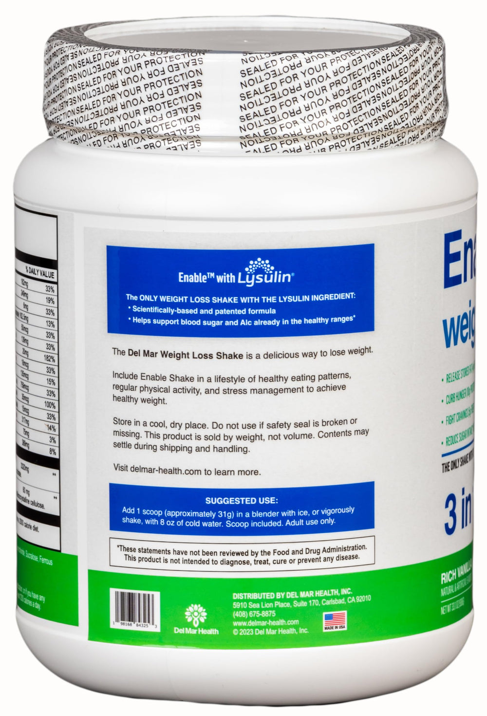 Del Mar Health Enable Vanilla Shake ready-to-mix cup for quick meals.