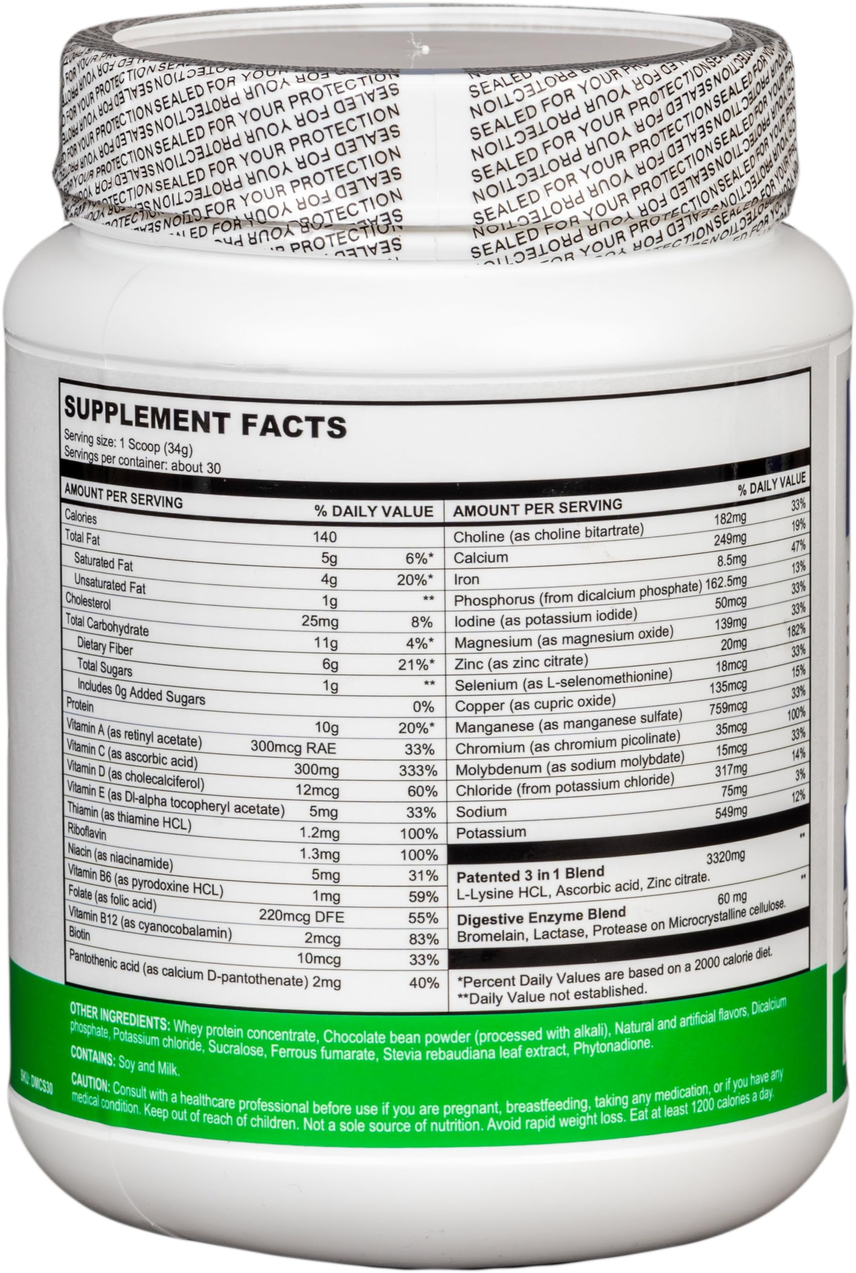 Del Mar Health Enable Weight Loss Shake chocolate bottle nutrition label highlights balanced nutrients.
