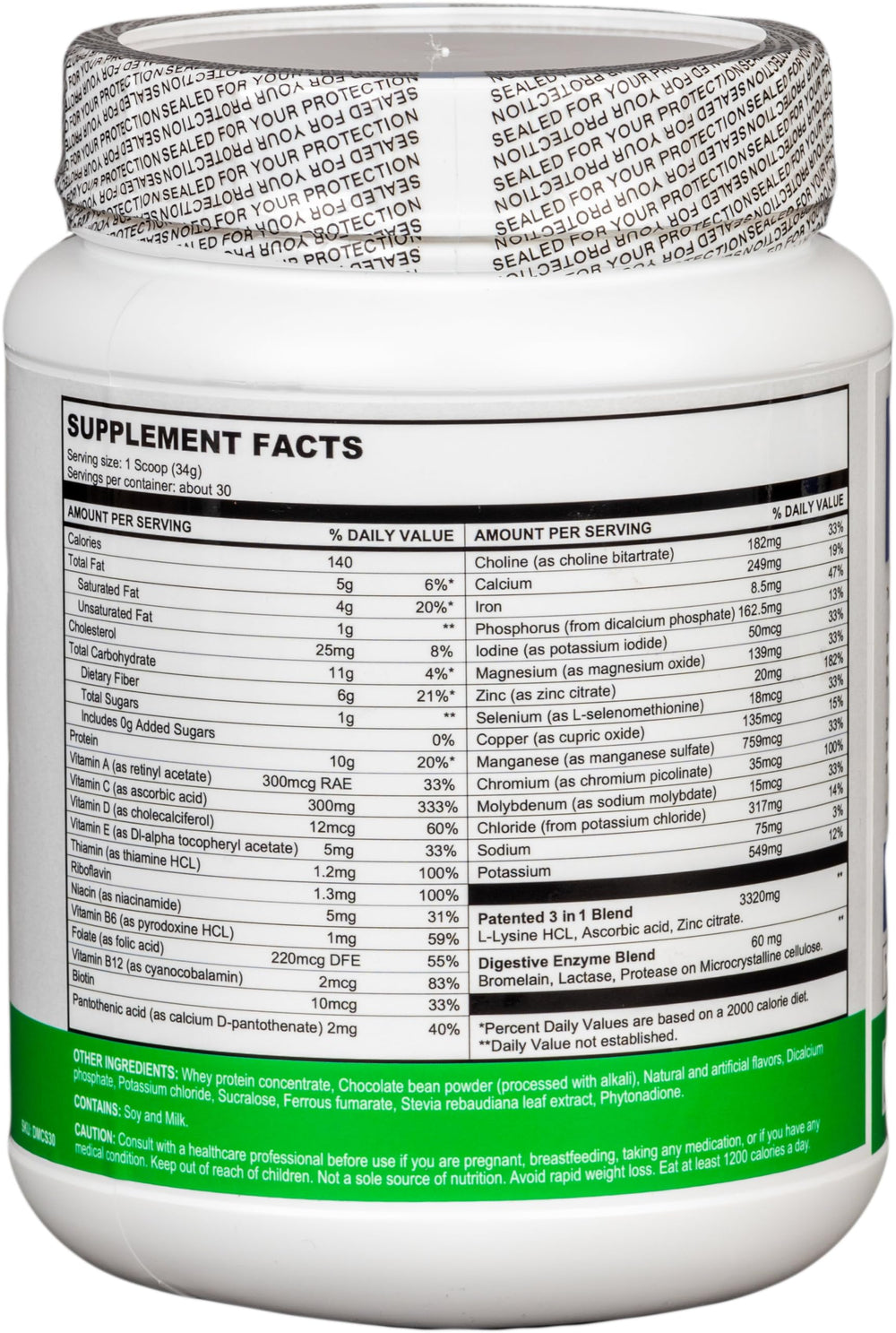 Del Mar Health Enable Weight Loss Shake chocolate bottle nutrition label highlights balanced nutrients.