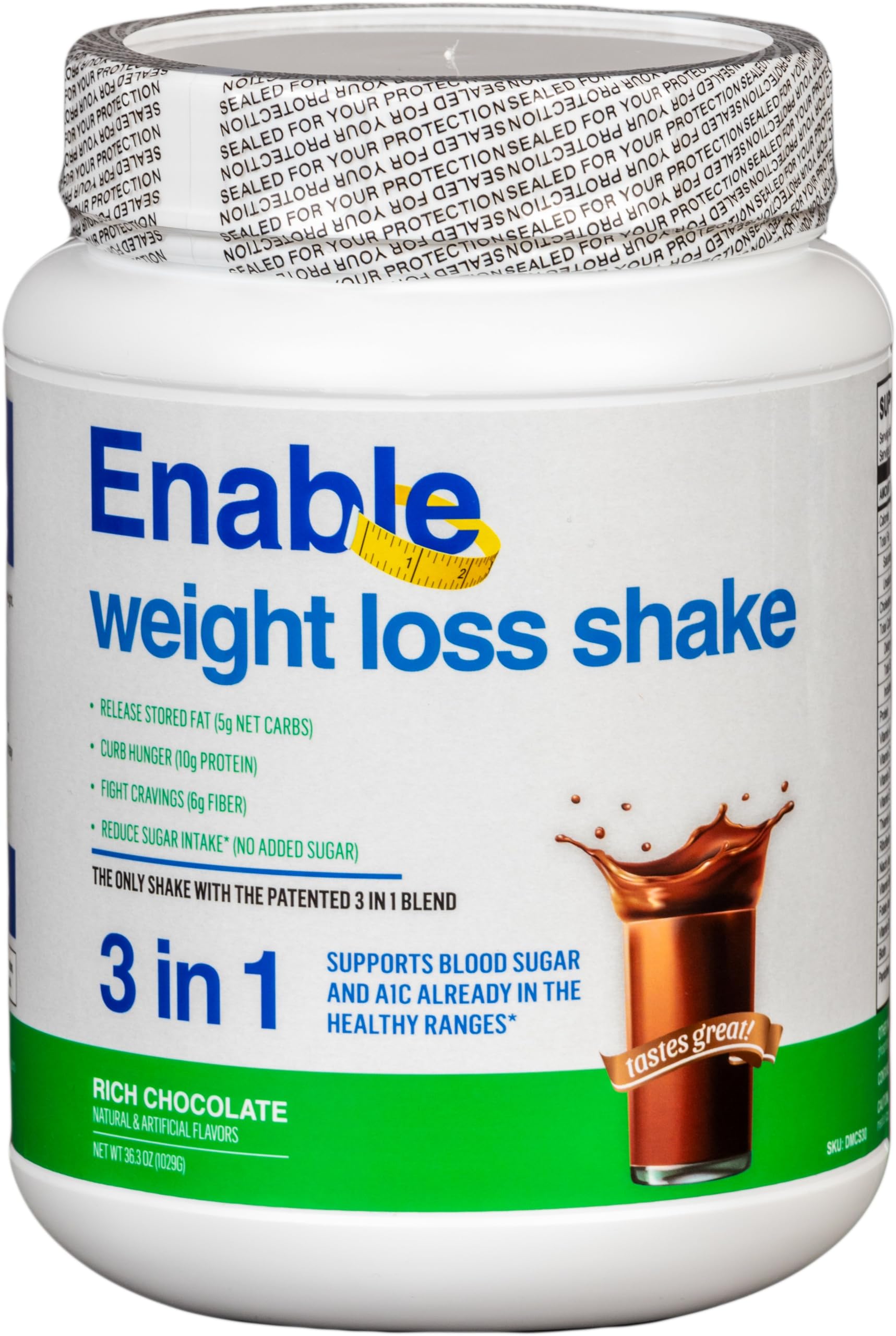 Del Mar Health Enable Weight Loss Shake chocolate glass pour, a satisfying meal replacement.