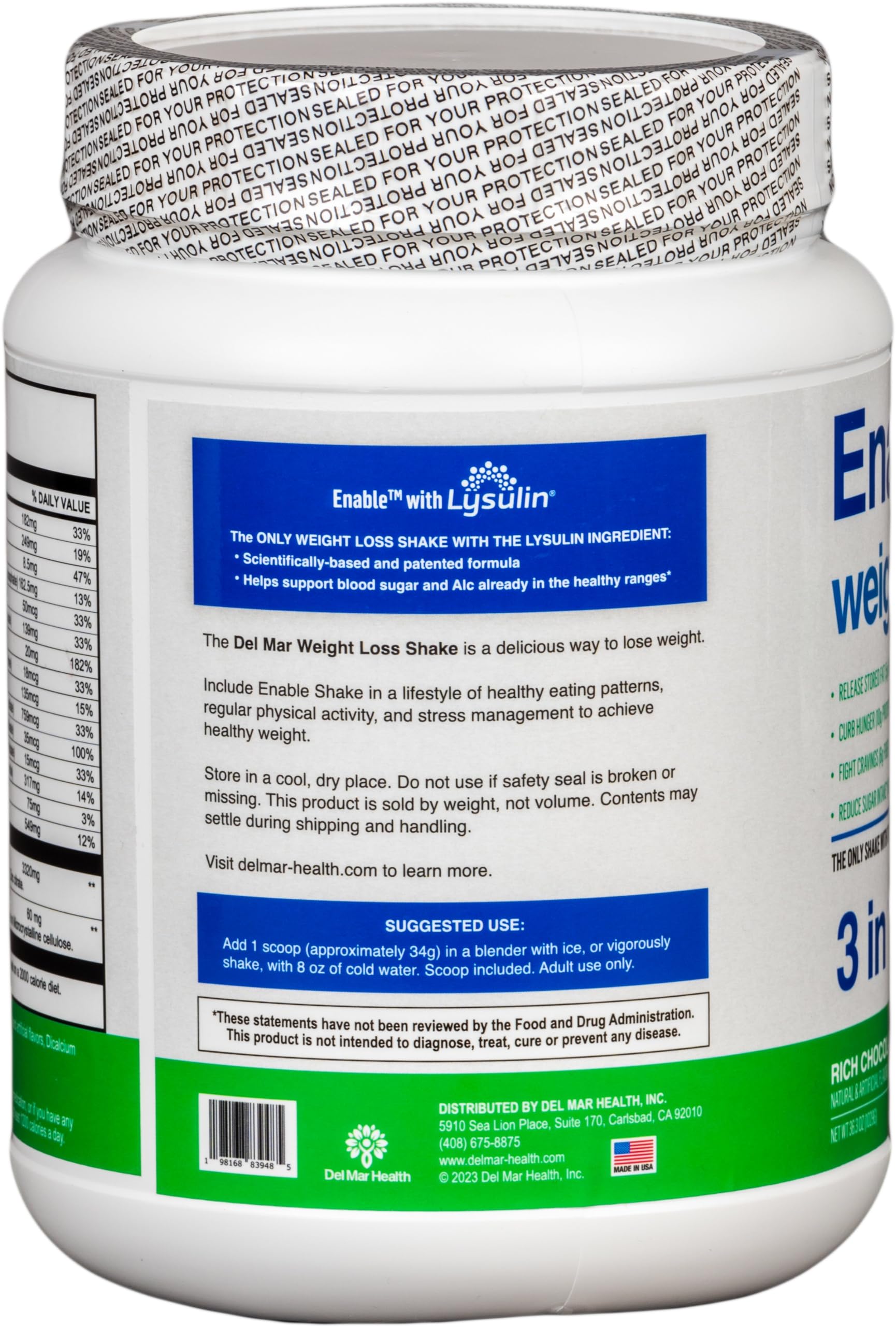 Del Mar Health Enable Weight Loss Shake chocolate serving with scoop supports easy daily use.