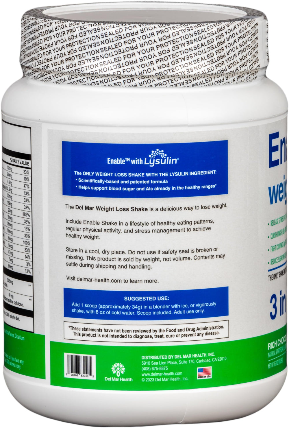 Del Mar Health Enable Weight Loss Shake chocolate serving with scoop supports easy daily use.