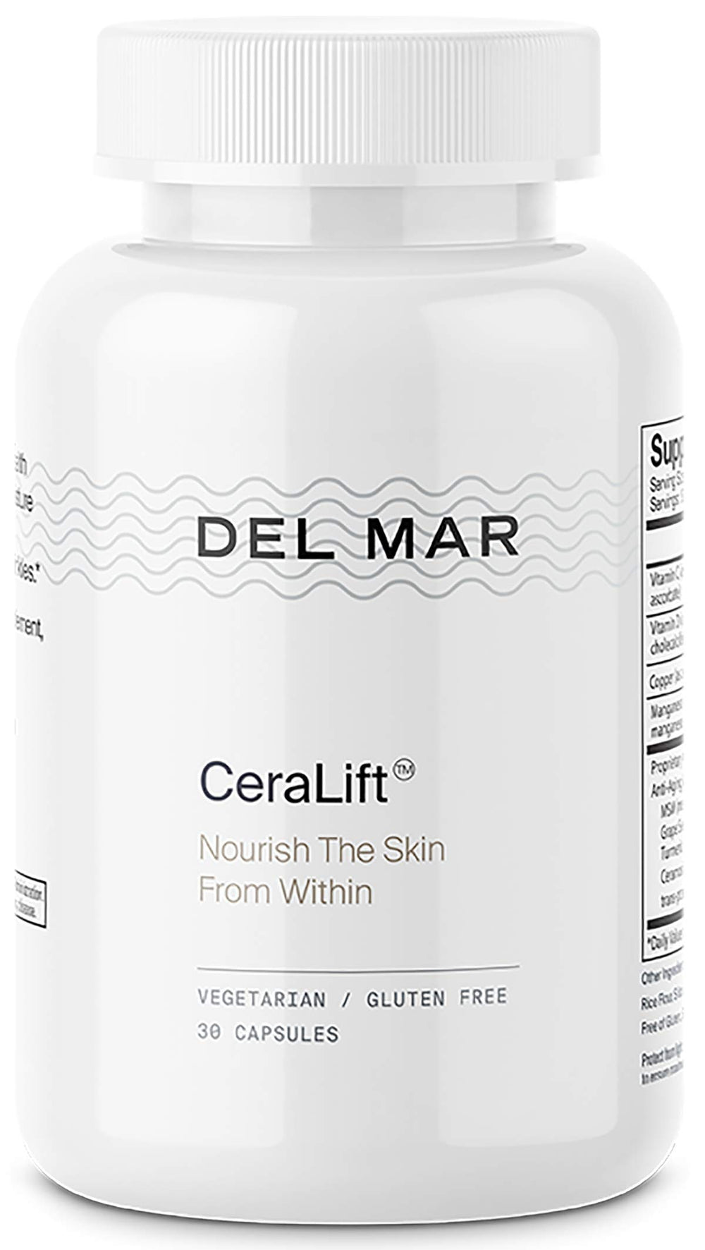 Del Mar Labs CeraLift bottle close-up for daily anti-aging support.