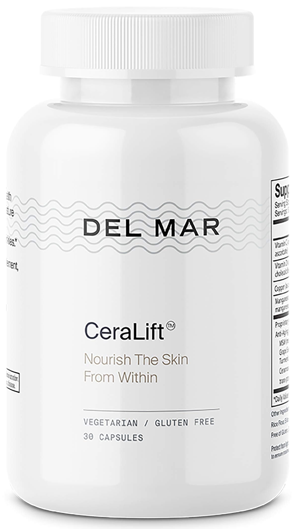 Del Mar Labs CeraLift bottle close-up for daily anti-aging support.