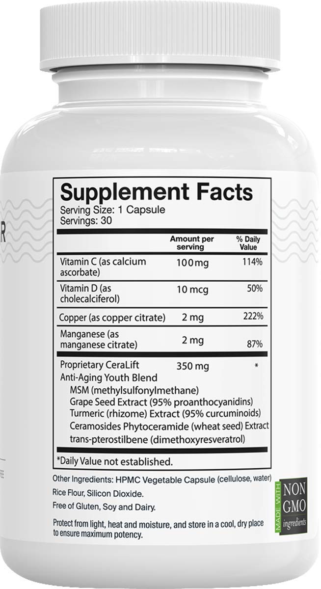 Del Mar Labs CeraLift capsule detail highlighting vegetarian formula.