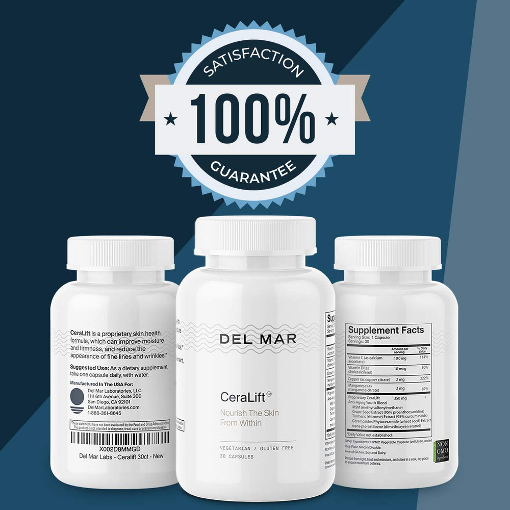 Del Mar Labs CeraLift daily routine scene with capsule ready to take.