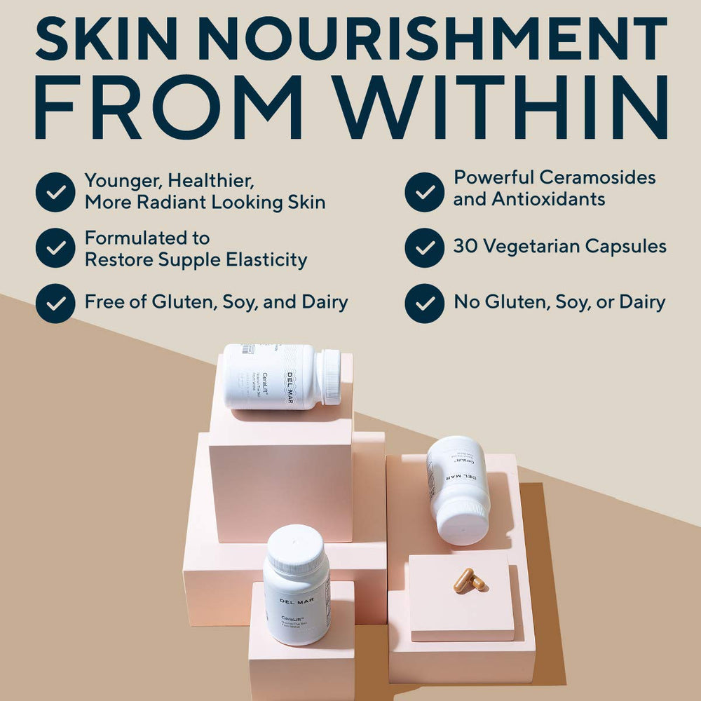 Del Mar Labs CeraLift label close-up emphasizing ceramides and antioxidants.