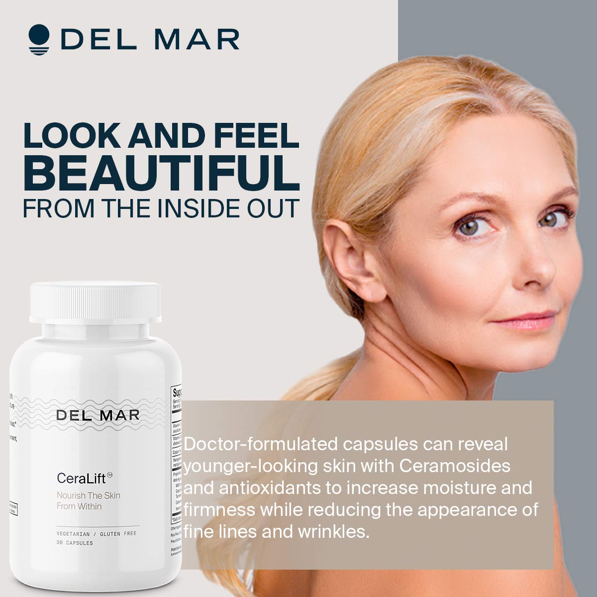 Del Mar Labs CeraLift packaging on vanity highlights gluten-free and dairy-free formula.
