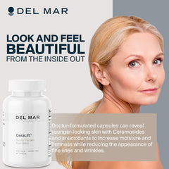 Del Mar Labs CeraLift packaging on vanity highlights gluten-free and dairy-free formula.